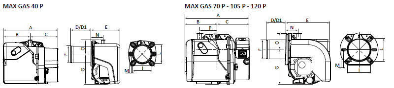 Габаритные размеры горелок газовых MAX GAS 40-120 P TW